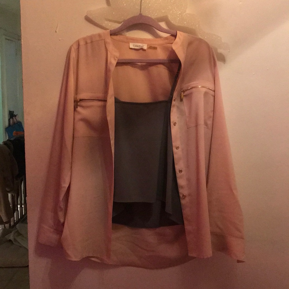 Calvin Klein rose gold satin dress shirt/cardigan